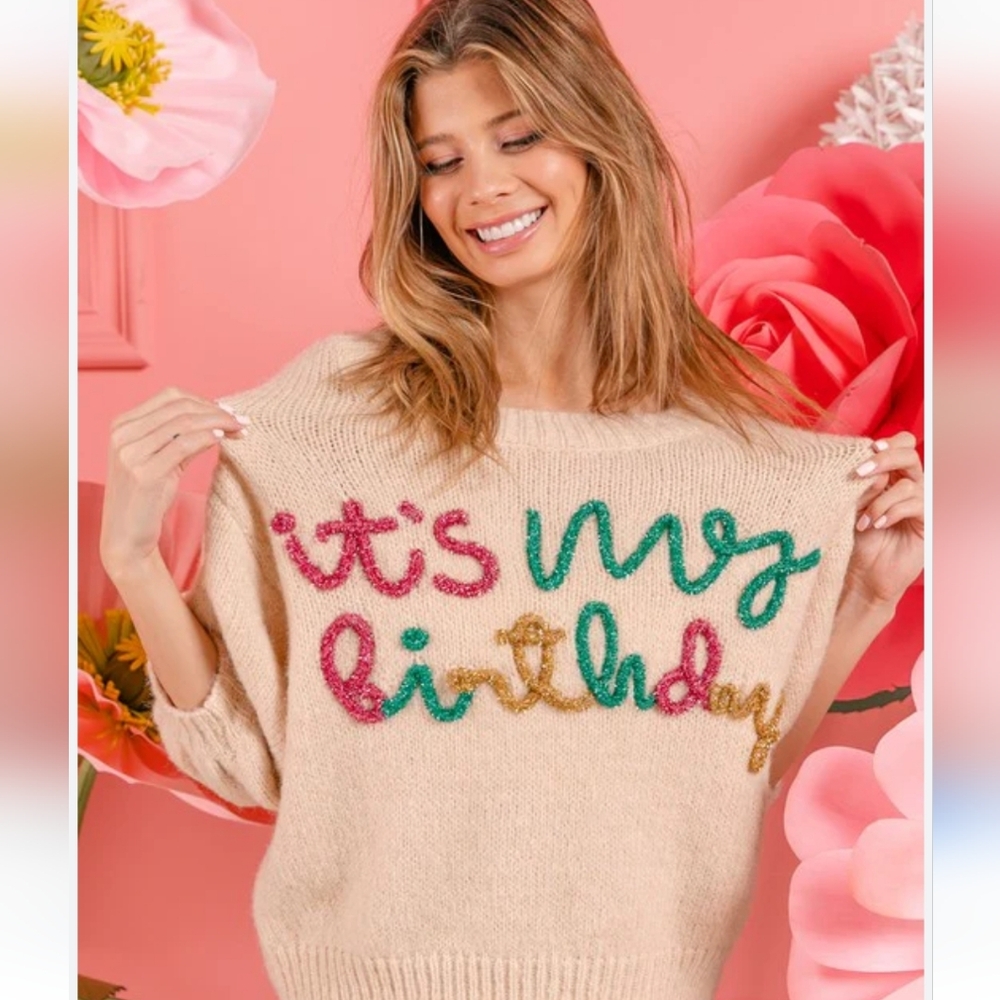 BIBI "It's My Birthday" Sweater Top Tinsel In Ivory/pink/green. Size Small - Picture 3 of 14